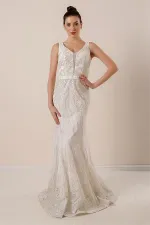 Thick Strapped Ghost Tulle Lined Glittery Long Dress