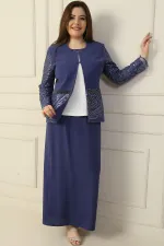 İçi Yarım Ay Kol Bluz Pul NakışişlemeBoncuk Detaylı Ceket Etek Astarlı Büyük Beden 3'lü Takım