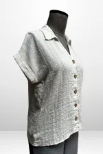 Kadın Polo Yaka Kendinden Desenli Keten Gömlek