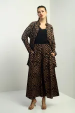 Kadın  Yanları Yırtmaçlı Tunik Gömlek Beli Lastikli Palazzo Pantoln Zigzag Desen Oversize 2'li Takım