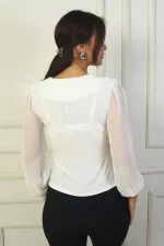 Long Chiffon Blouse with Rose Detail on Collar