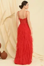 Robe longue en tulle doublée à franges et à bretelles en corde perlée