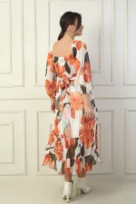 Madonna Neckline Lined Cross-Tie Floral Wrap Chiffon Dress