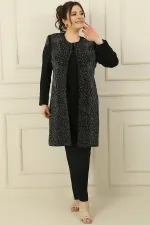 İçi Kolsuz Bluz Taş Baskılı Astarlı Uzun Ceket dar Paça Pantolon Büyük Beden 3'lü Takım
