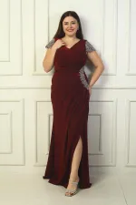 Front and back V-neck, sleeve and waist stone detailing, lined, draped, glittery plus size lycra long dress