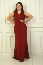 Kadın V Yaka Beli Tokalı Drapeli Astarlı Önü Yırtmaçlı Likralı Sandy Büyük Beden Uzun Elbise