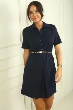 Button-front, short-sleeved, belted A-line pleated dress