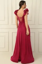 Düşük Volan Kol Drapeli Astarlı Simli Uzun Elbise