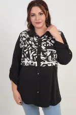 Kadın Kol Katlamalı Fırça Desenli Cep Kapaklı Büyük Beden Gömlek