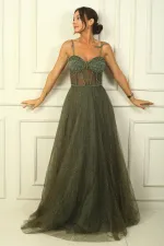 Strapless, Draped Front, Lined, Underwire, Laced Back, Long Glittery Dress