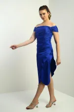 Women's Madonna Neckline Draped Asymmetrical Satin Short Dress