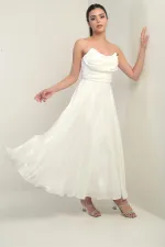 Kadın Degaje Straplez Yaka Astarlı Organze Saten Midi Elbise