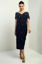 Kadın Tafta Madonna Yaka Önü İnci Detaylı Astarlı Abiye Elbise