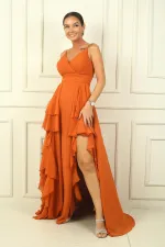 Kadın İp Askılı Yanları Yırtmaçlı Astarlı Volanlı Şifon Uzun Elbise