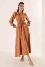 Beli Kuşaklı Yandan Cepli Keten Efekt Uzun Elbise