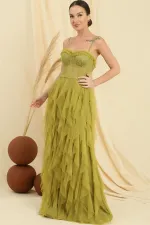 Beaded Strappy Strapless Handkerchief Dress with Fringed Lining and Long Tulle