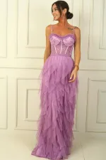 Robe bustier à bretelles perlées, doublure à franges et long tulle