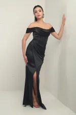 Kadın Straplez Düşük Kollu Astarlı Balenli Saten Uzun Elbise