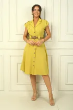 Women's Collared Off-Shoulder Double Pocket Belted Linen Effect Dress