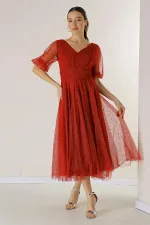 Front and Back V-Neck Short Balloon Sleeved Lined Spider Pattern Glitter Dahlia Fabric Dress