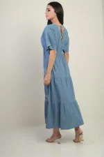 Women's Wrap Neckline Back Lace-Up Elastic Waist Batwing Sleeve Embroidered Long Dress