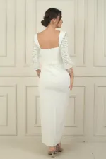 Robe longue fendue en crêpe pour femme, décolleté en cœur, taille à boucle, manches brodées de pierres
