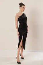 Tek Omuz Önü Büzgülü Kadife Elbise