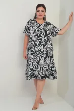 Kadın V Yaka Karışık Yaprak Desenli Cepli Eteği Fırfırlı Büyük Beden Elbise