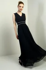 Women's V-Neck Long Crepe Chiffon Dress with Stone Detail at Waist, Gathered Front, Lined, and Tie-Back Closure.