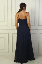 Kadın İp Askılı Drapeli Astarlı Şifon Uzun Elbise