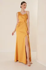Long Satin Dress with One Side Rope Straps, Beaded Guipure Detail, Lining and Front Slit