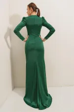 Önü Pile Detaylı Astarlı Uzun Kollu Saten Uzun Elbise