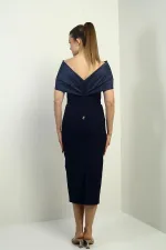 Kadın Tafta Madonna Yaka Önü İnci Detaylı Astarlı Abiye Elbise