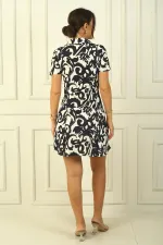 Women's Front Zipper Ethnic Pattern Pleated Crepe Dress