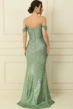 Kalın Askılı Astarlı Önü Büzgülü Pulpayet Uzun Elbise