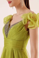 Front Back V Neck Rope Straps Low Sleeves Front Stone Detailed Lined Long Tulle Dress