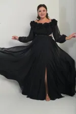 Çiçekli Madonna Yaka Kemerli Astarlı Şifon B.B. Uzun Elbise