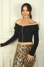 Kadın Önü Fermuarlı Geniş Yaka Uzun Kollu Crop Bluz