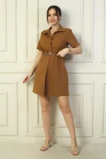 Button-front, short-sleeved, belted A-line pleated dress