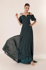 Yakası Pliseli Balon Kollu Uzun Şifon Elbise