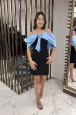 Women's Strappy Satin Short Dress with Stone Embellishments and Lining, and Bow Detail