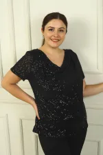 Kadın Degaje Yaka Astarlı Pulpayet Büyük Beden Bluz