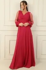 Front Back V Neck Draped Front Sleeves Tulle Lined Wide Body Long Chiffon Dress