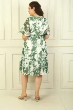 Women's Wrap Neckline Ruffled Sleeve Lined Belted Plus Size Chiffon Dress with Large Roses