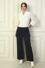 Women's Wide-Leg Steel Trousers with Elastic Waist, Side Pockets, and Trim
