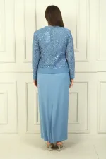Women's Beaded and Sequin Embellished Tulle Jacket, Half-Moon Sleeve Long Dress, Lined, Plus Size Two-Piece Set