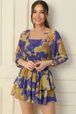 Square Neck, Waistband, Lined, Abstract Pattern, Layered Chiffon Dress