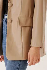 Çift Düğmeli Sahte Cepli Astarlı Deri Ceket