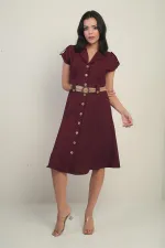 Women's Collared Off-Shoulder Double Pocket Belted Linen Effect Dress