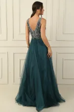 Taş Ve Boncuk İşlemeli Astarlı Uzun Tül Elbise